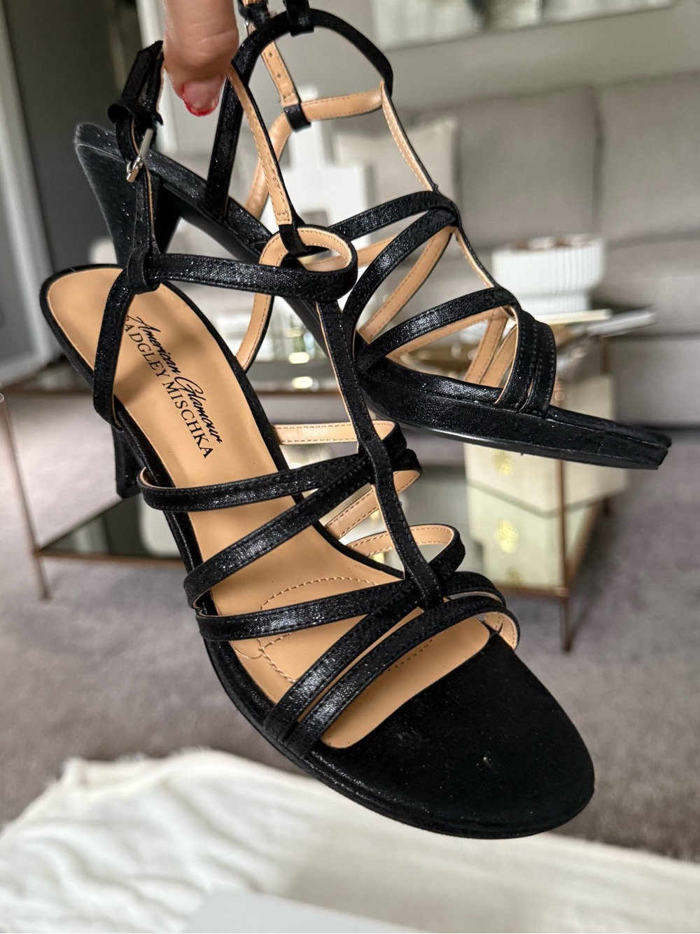 Badgley Mischka Black Strappy Glitter Evening Heels